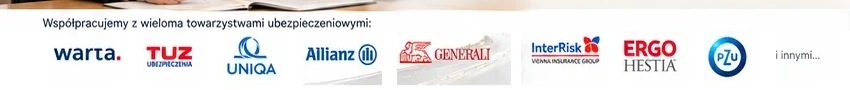 Logotypy towarzystw ubezpieczeniowych: Warta, TUZ, UNIQA, Allianz, Generali, InterRisk, ERGO Hestia i PZU